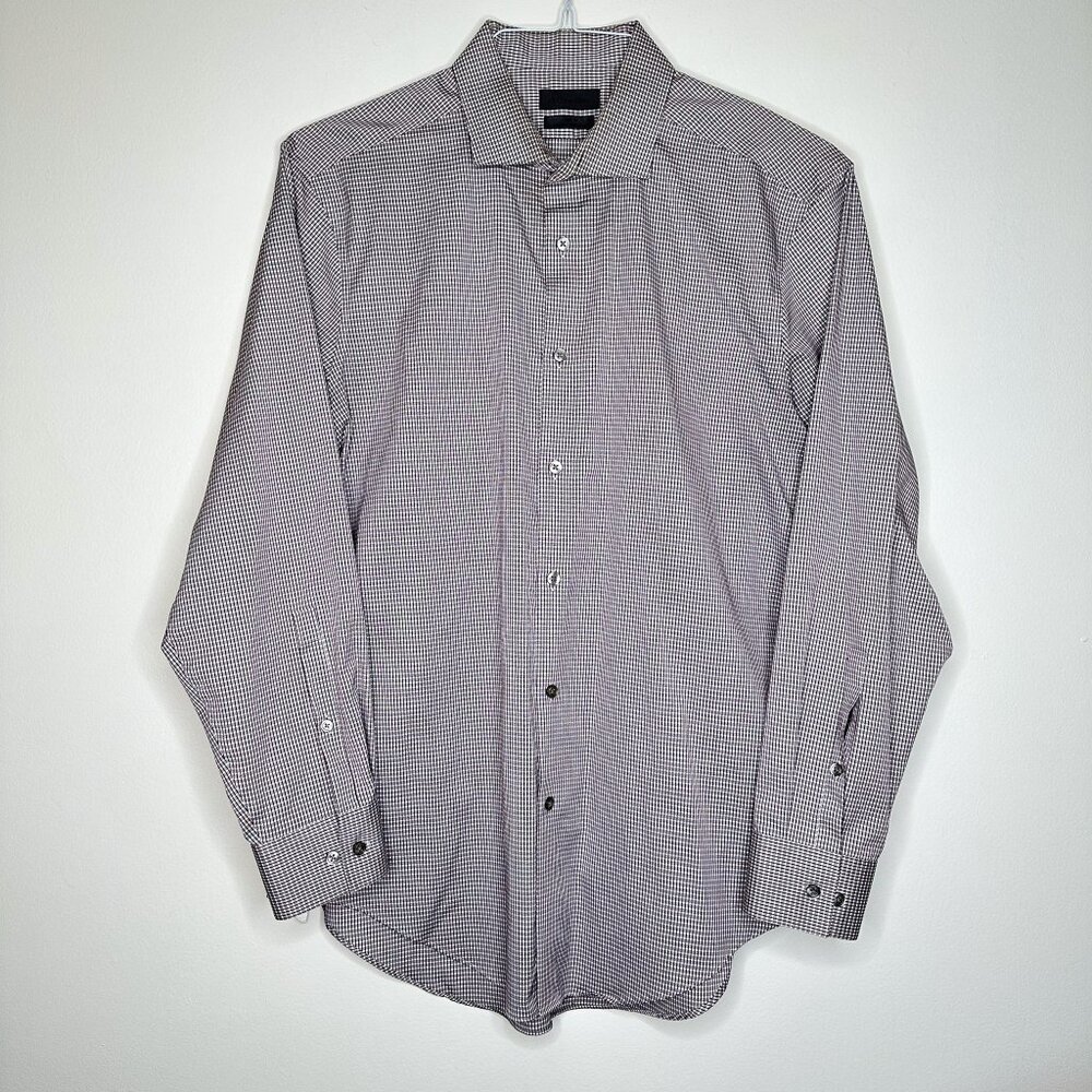 Calvin Klein Slim Fit Dress Shirt 16.5 32/33 Burgundy Check Button-Up Career Top